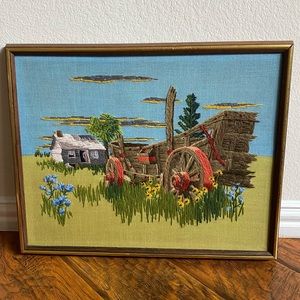 Vintage Paragon Finished Crewel Wagon Wheel Nature Scene Framed 1975 21 x 17